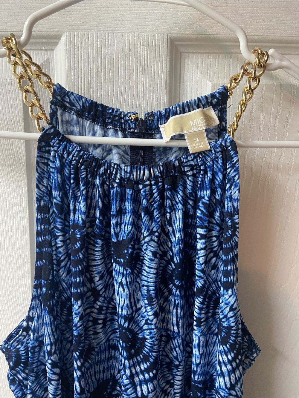 Michael Kors Blue Patterned Midi Dress with Gold Chain Straps Medium